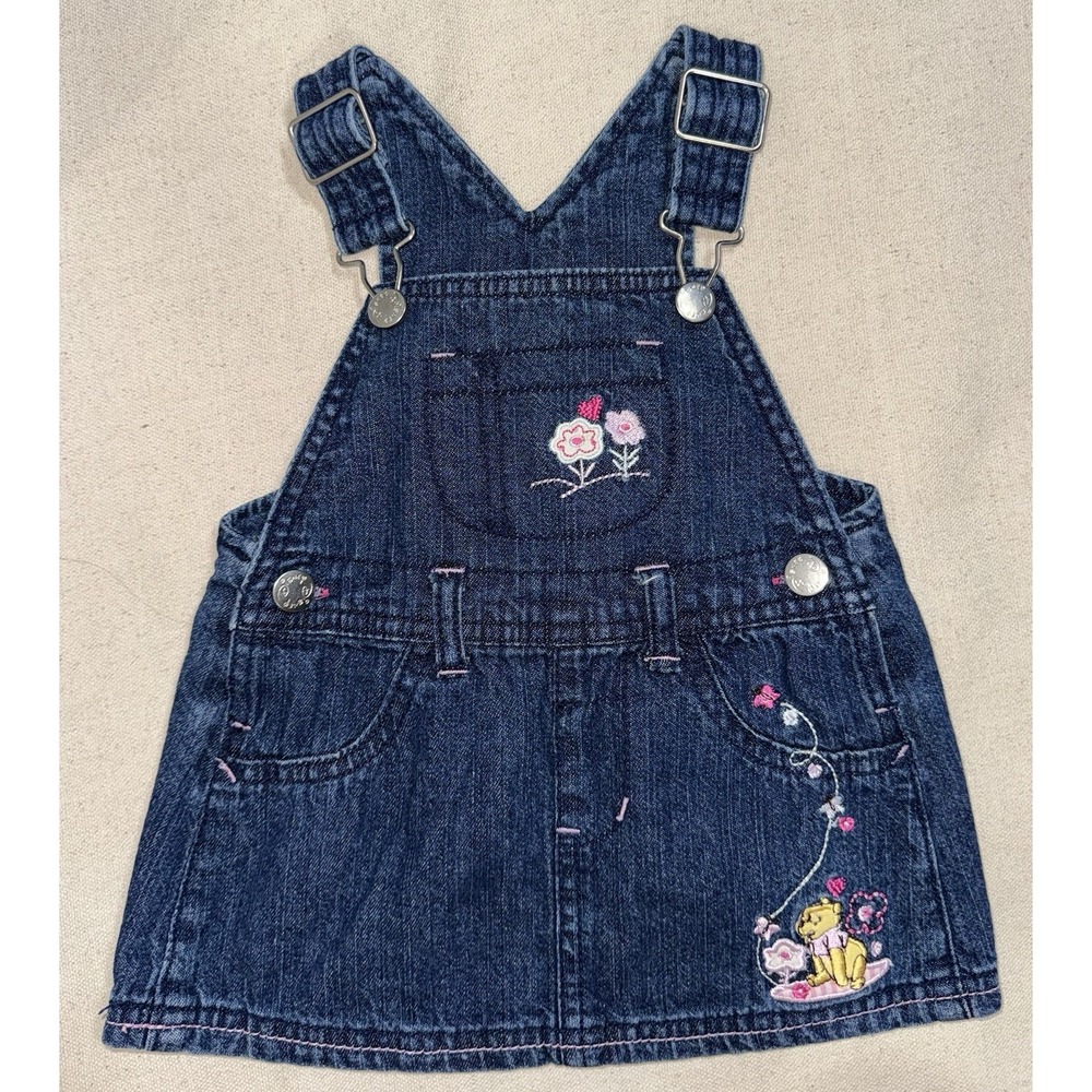 Vtg Winnie The Pooh‎ Embroidered Denim Overalls Dress Sz 3-6 Mo Y2K Disney Baby